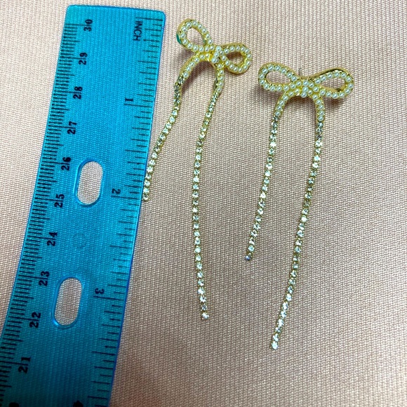 Gold Rhinestone Pearl Bow Drop Earrings - Picture 5 of 5